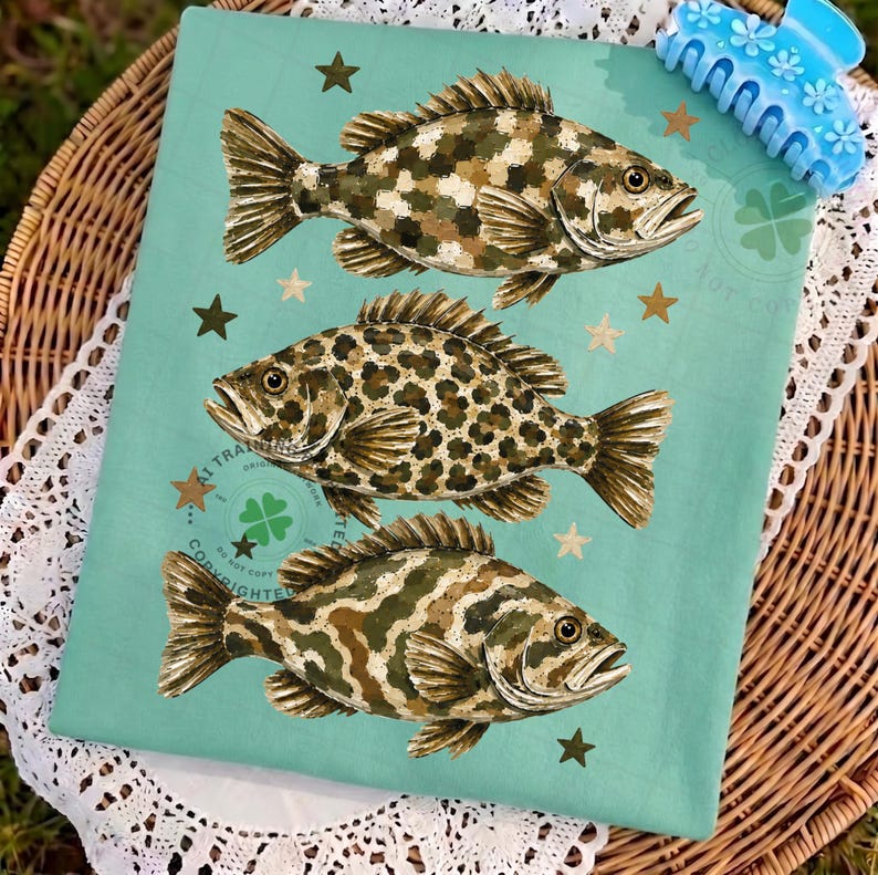 May include: A light teal fabric featuring three detailed fish illustrations with camouflage and leopard print patterns. Gold stars and text accents the design. A blue hair clip with floral details rests on the top right corner.