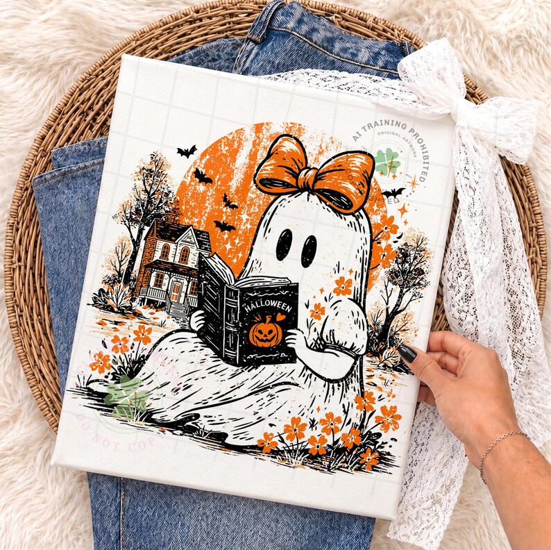 Halloween-spook png, boekenliefhebber spook png, lezen spookontwerp, schattig spookachtig spook grafisch, herfstshirtontwerp, pompoenboek png afbeelding 7