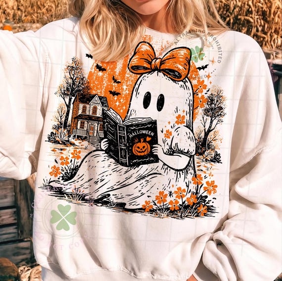 Halloween Ghost Png, Book Lover Ghost Png, Reading Ghost Design, Cute Spooky Ghost Graphic, Fall Shirt Design, Pumpkin Book Png