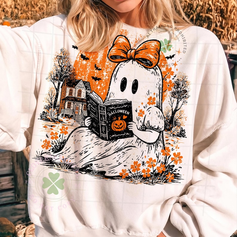 Op de afbeelding: Een wit sweatshirt met een afbeelding van een geest met een oranje strik, die een boek leest met de tekst Halloween en een pompoenillustratie. De sc&egrave;ne bevat een huis, bomen, vleermuizen en oranje bloemen tegen een grote oranje maan.