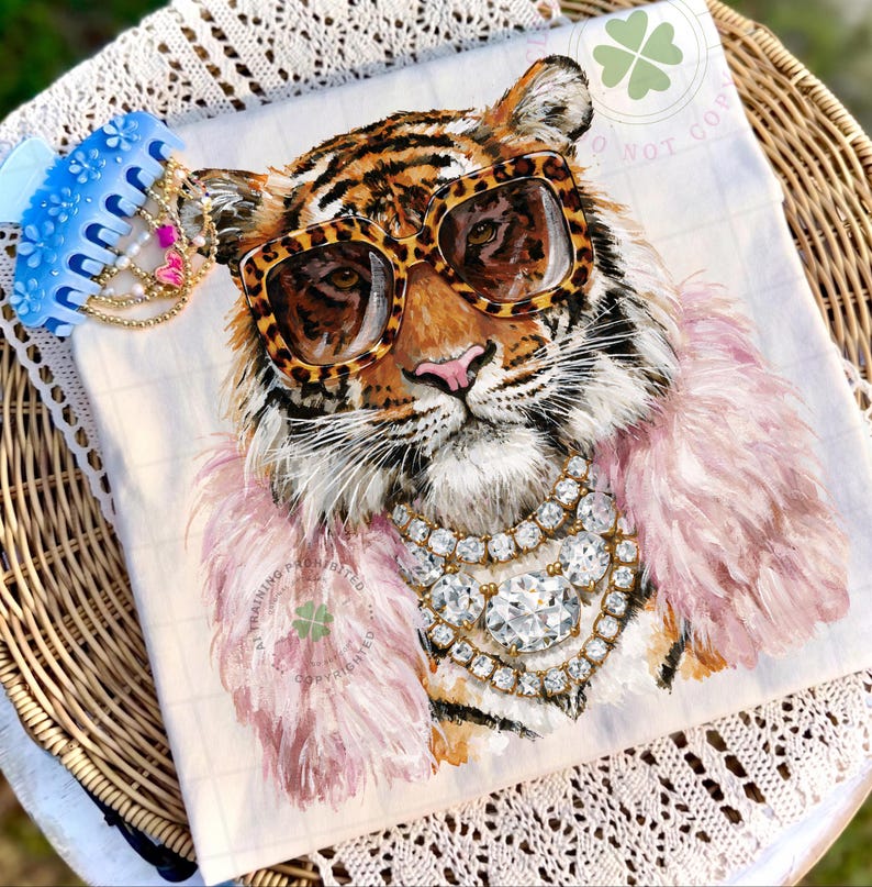 May include: A white square decorative pillow featuring a tiger wearing leopard print sunglasses, a pink feather boa, and a diamond necklace. The tiger has orange and black stripes. A blue hair clip with pearls is in the upper left corner.