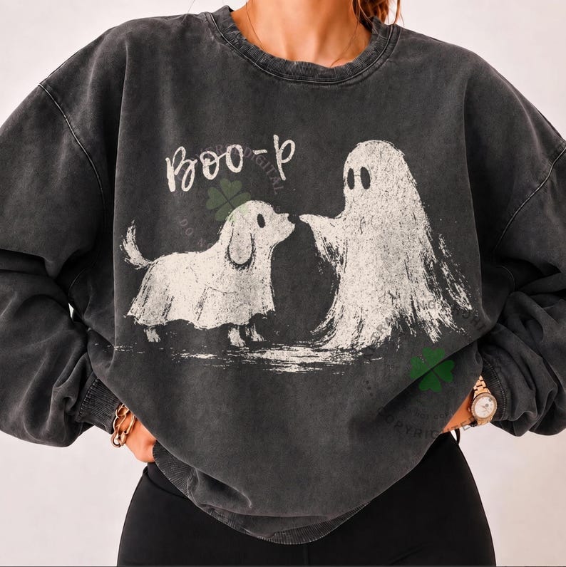 Boo-P Halloween dog PNG design with a hand-drawn ghost booping a puppy's nose, distressed sketch style — spooky and cute digital download for dog lover t-shirts and sweatshirts.