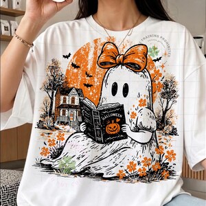 Halloween-spook png, boekenliefhebber spook png, lezen spookontwerp, schattig spookachtig spook grafisch, herfstshirtontwerp, pompoenboek png afbeelding 3