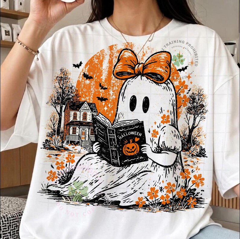 Halloween-spook png, boekenliefhebber spook png, lezen spookontwerp, schattig spookachtig spook grafisch, herfstshirtontwerp, pompoenboek png afbeelding 3