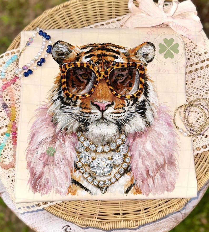 May include: A whimsical illustration of a tiger wearing leopard print sunglasses, a pink feather boa, and a diamond necklace. The tiger's fur is orange and black. The background is a cream color.