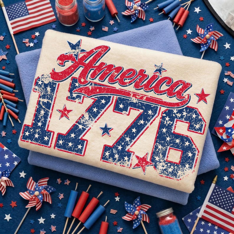 Może przedstawiać: Kremowa, złożona koszulka z napisem "America 1776" w kolorze czerwonym i niebieskim, z postarzanym, vintage'owym wzorem. Koszulka leży na niebieskim kocu, otoczona patriotycznymi dekoracjami, takimi jak flagi, wiatraczki i petardy.