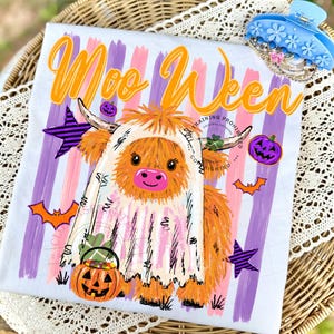 Striped Halloween Highland Cow Png, Spooky Season Sublimation Design, Fall Cow Graphic, Retro Halloween Pumpkin Cow Files, Cow Clipart