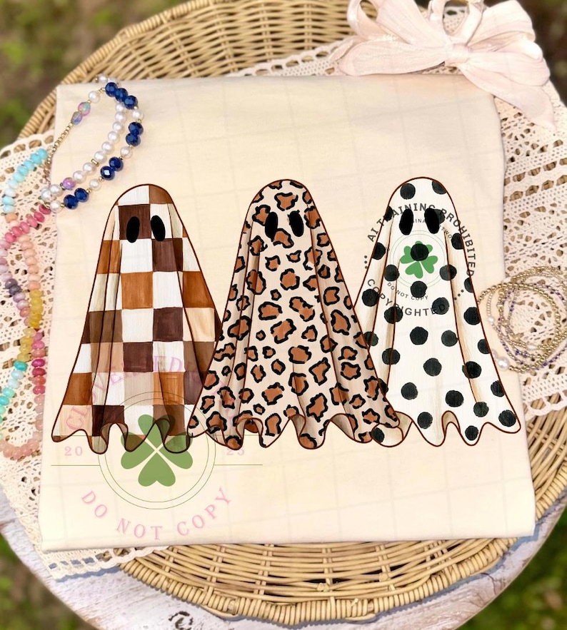Preppy Ghosts Trio PNG, Cozy Fall PNG, Cute Halloween png, Checkered Ghost PNG, Boho Fall Digital Download image 4
