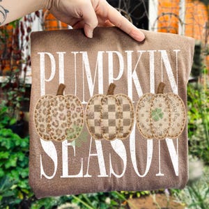 May include: A brown t-shirt featuring the white distressed text PUMPKIN SEASON. Three pumpkin graphics are centered between the words, displaying a leopard print pattern, a checkered pattern, and a polka dot pattern with a green clover icon.
