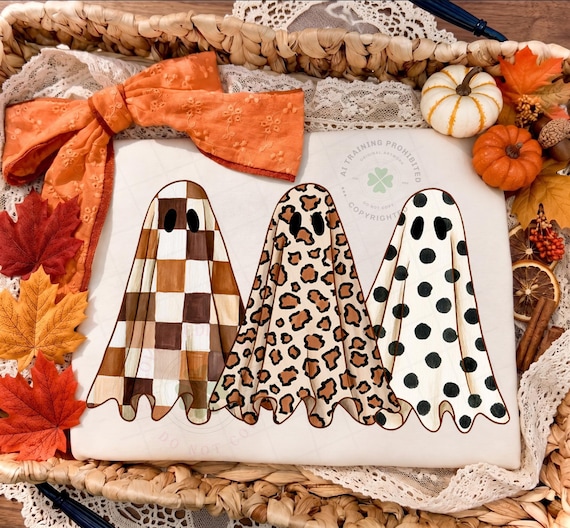 Preppy Ghosts Trio PNG, Cozy Fall PNG, Cute Halloween png, Checkered Ghost PNG, Boho Fall Digital Download
