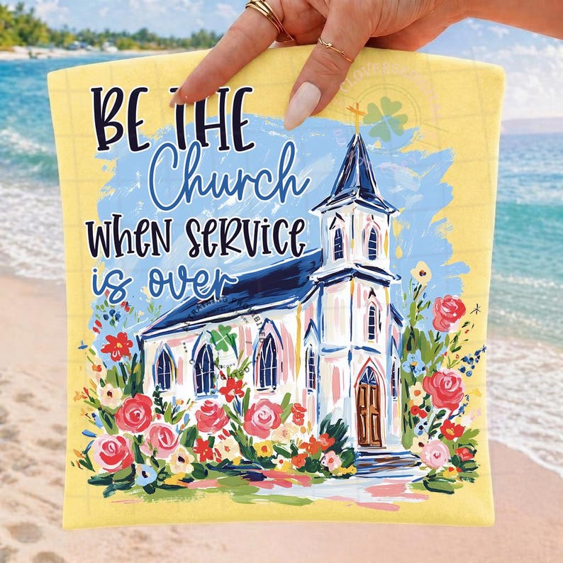 May include: A yellow square decorative item with the words "BE THE Church WHEN SERVICE is OVER" and a painting of a church with a blue steeple, surrounded by flowers. The item is held by a hand with gold rings.