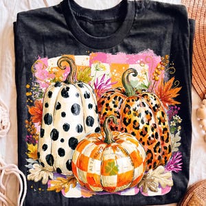 May include: A black t-shirt featuring a graphic of three pumpkins. One pumpkin is white with black spots, one has an orange leopard print, and the third has an orange and white checkered pattern. The design includes colorful autumn leaves.