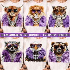 May include: A collection of six illustrations featuring a highland cow, lion, tiger, raccoon, eagle, and bear, each wearing leopard-print sunglasses, a purple feather boa, and a multi-strand rhinestone necklace. The text reads GLAM ANIMALS PNG BUNDLE - EVERYDAY DESIGNS.
