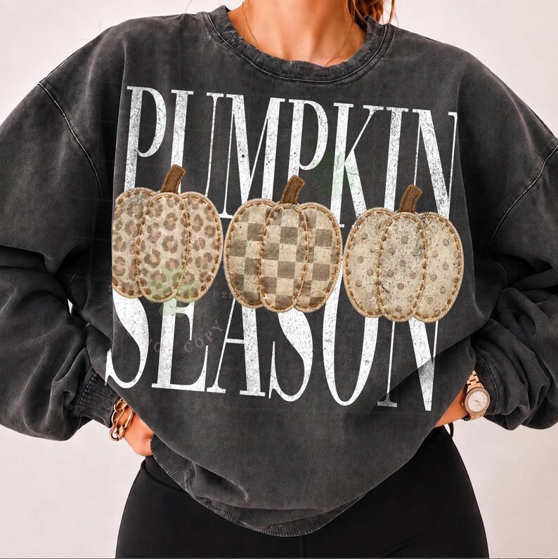 May include: A charcoal grey crewneck sweatshirt featuring the white text PUMPKIN SEASON in a distressed font. Between the words are three illustrated pumpkins with different patterns: one with a leopard print, one with a checkered pattern, and one with a polka dot design.