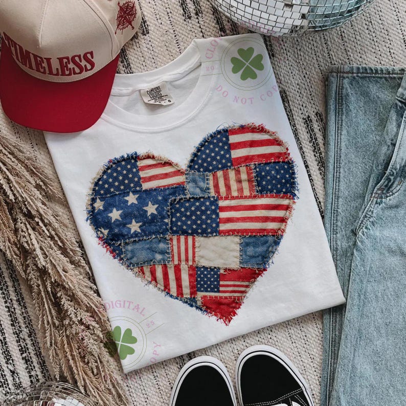 Faux Patchwork USA Heart Png, Faux Patchwork Png, Patchwork Quilted Grandmacore Heart PNG, Retro Coquette Flag Png, Cottage Core Gingham image 5