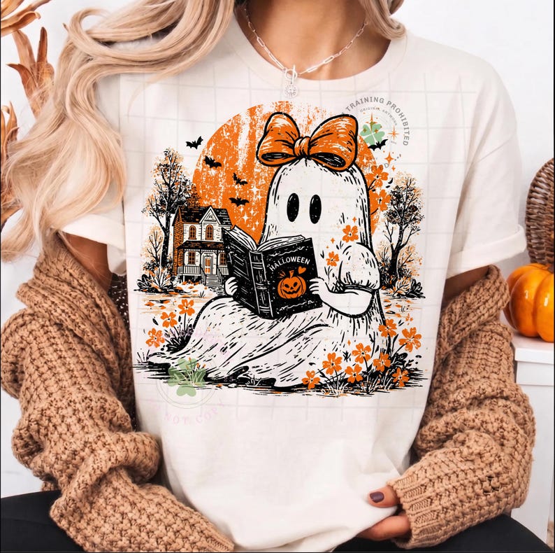 Op de afbeelding: Een cr&egrave;mekleurig t-shirt met een afbeelding van een geest met een oranje strik, die een boek leest met de titel Halloween en een pompoenillustratie. De sc&egrave;ne bevat een huis, bomen, vleermuizen en oranje bloemen tegen een oranje zon.