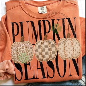 May include: An orange long-sleeve sweatshirt featuring the black text PUMPKIN SEASON. Below the text are three pumpkins with stitched outlines: one with a leopard print, one with a checkered pattern, and one with a polka dot design.
