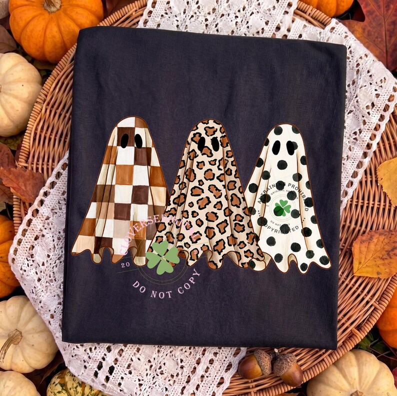 Preppy Ghosts Trio PNG, Cozy Fall PNG, Cute Halloween png, Checkered Ghost PNG, Boho Fall Digital Download image 6