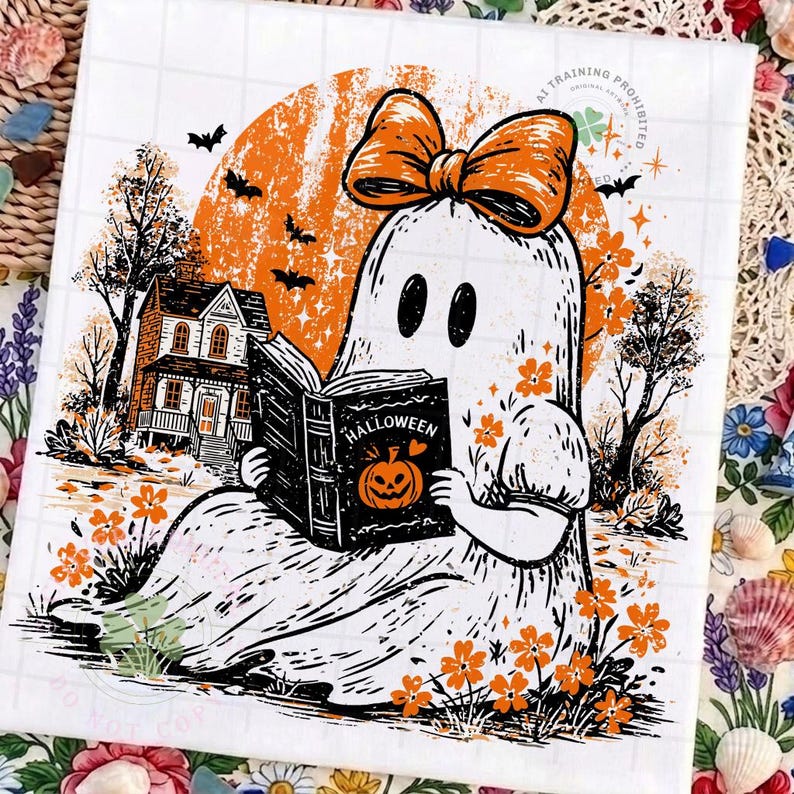 Op de afbeelding: Een vierkante print met een witte geest die een grote oranje strik draagt, zittend in een veld met oranje bloemen en een boek leest met de titel Halloween. De achtergrond bevat een grote oranje maan, een huis en vliegende vleermuizen in zwarte en oranje inkt.