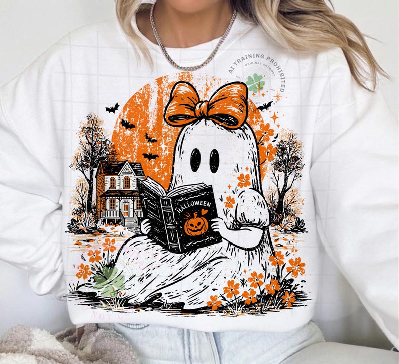 Op de afbeelding: Een wit sweatshirt met lange mouwen en een afbeelding van een geest met een oranje strik die een boek leest met de titel Halloween. Het ontwerp bevat een oranje maan, een huis, vleermuizen en oranje bloemen op de voorzijde van het kledingstuk.