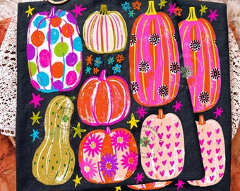 Colorful Pumpkin PNG, Hand Drawn Fall Pumpkin Collage Sublimation, Cute Polka Dot Floral Pumpkin Shirt Png, Trendy Autumn Fall Stars Png