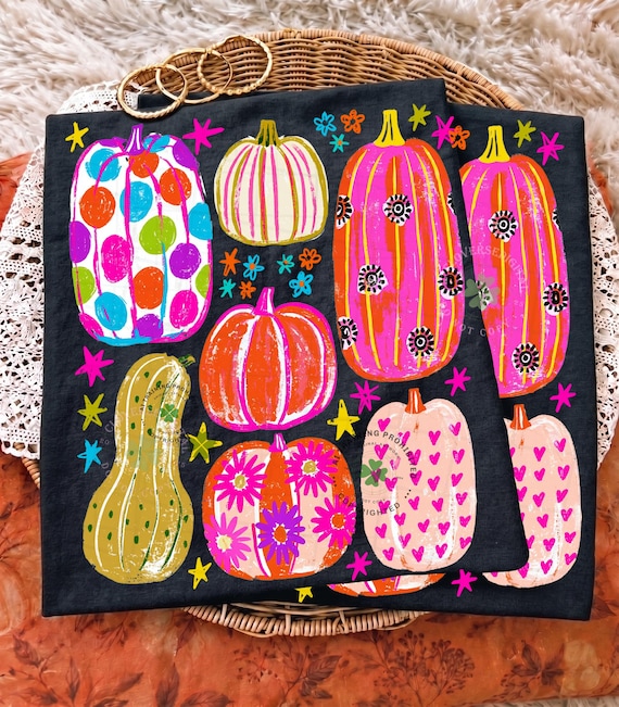 Colorful Pumpkin PNG, Hand Drawn Fall Pumpkin Collage Sublimation, Cute Polka Dot Floral Pumpkin Shirt Png, Trendy Autumn Fall Stars Png