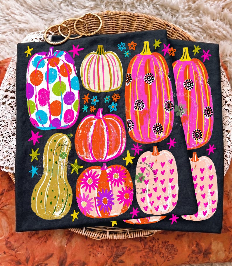 Colorful hand-drawn fall pumpkin collage PNG featuring polka dot, striped, floral, and heart-patterned pumpkins on a black background — trendy autumn digital design for t-shirts, tote bags and sublimation projects.