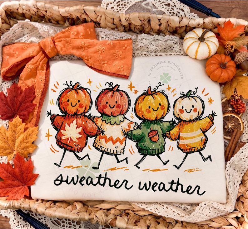 Sweater Weather PNG — four cute smiling pumpkin characters in cozy sweaters walking together, hand-drawn autumn pun design for fall sublimation shirts.