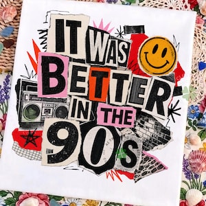 May include: A square canvas print featuring a collage-style graphic with the text IT WAS BETTER IN THE 90S. The design includes a yellow smiley face, a black and white boombox illustration, and various abstract shapes in black, pink, and orange.
