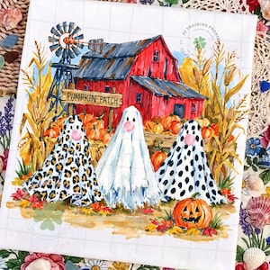 May include: A square art print featuring a red barn with a windmill and a sign reading PUMPKIN PATCH. Three ghosts stand in the foreground, one with a leopard print sheet, one plain white, and one with black spots, all chewing pink bubblegum.