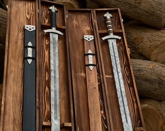 Paire d'épées vikings et d'une boîte en bois | Épée faite main en acier damas de haute qualité avec fourreau | Réplique de Ragnar scandinave | Meilleur cadeau de Pâques
