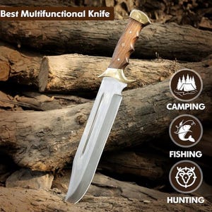 May include: A large, stainless steel knife with a wooden handle and brass accents. The text "Best Multifunctional Knife" is at the top. Icons for camping, fishing, and hunting are on the right.