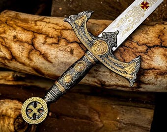 Handmade Knights Templar Stainless steel sword with leather sheath, Medieval sword, Collectibles, Fantasy sword for him, Wall Hanging sword