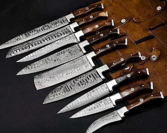 Handgefertigtes Damast-Stahl Kochmesser-Set: 9-teilige professionelle Küchenmesser