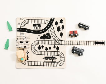 Tapete de juego de tren, tapete de tren orgánico, tapete de tren de viaje, tapete de juego imaginativo, regalo de cumpleaños para niño, juguete de tren para niños pequeños, juguete de viaje para niños pequeños