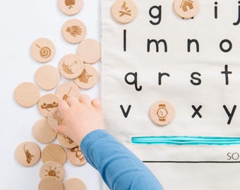 Montessori Lowercase Alphabet Play Mat: Wooden Letters, Sensory Learning ABCs (Toddler Game)
