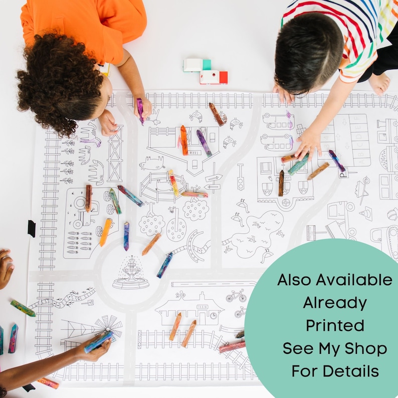 May include: A large, white, printable playmat with black outlines of a town, cars, houses, and trees. Two children are coloring the mat with crayons. The text "Also Available Already Printed See My Shop For Details" is in a teal circle.