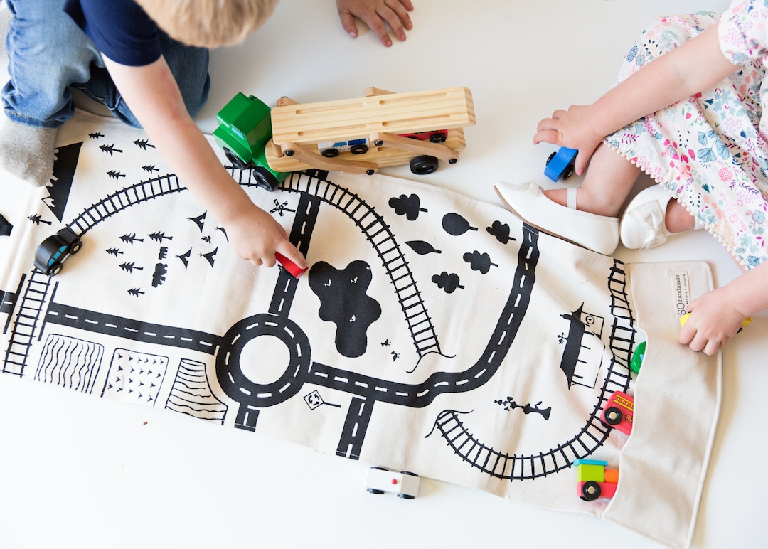 Large Train Playmat, Organic Village Mat, Town Playmat, Train Storage