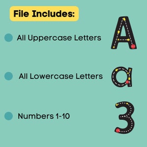 May include: A printable worksheet with black and white illustrations of uppercase and lowercase letters and numbers 1-10. Each letter and number has a dotted line path for tracing.