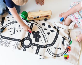 Large Train Play Mat Organic Play Mat Road Play Mat Travel Train Storage Imaginative Play Roll-Up Play Mat Montessori Toys for 3 Year Old