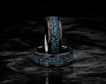 Crushed Meteorite & Turquoise Ring, 8mm Black Elegant Tungsten, Wedding Ring