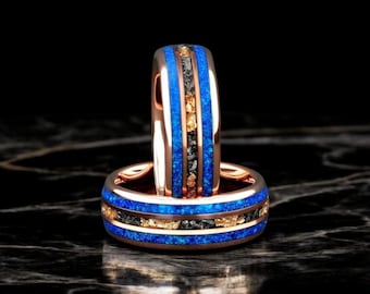 Anillo de meteorito de ópalo, alianza de carburo de tungsteno en oro rosa
