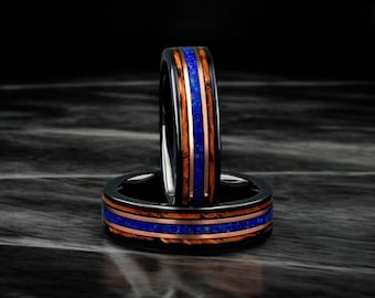 Lapis Lazuli & Charred Whiskey Barrel Wood Ring, 6mm Black Tungsten Carbide Wedding ring
