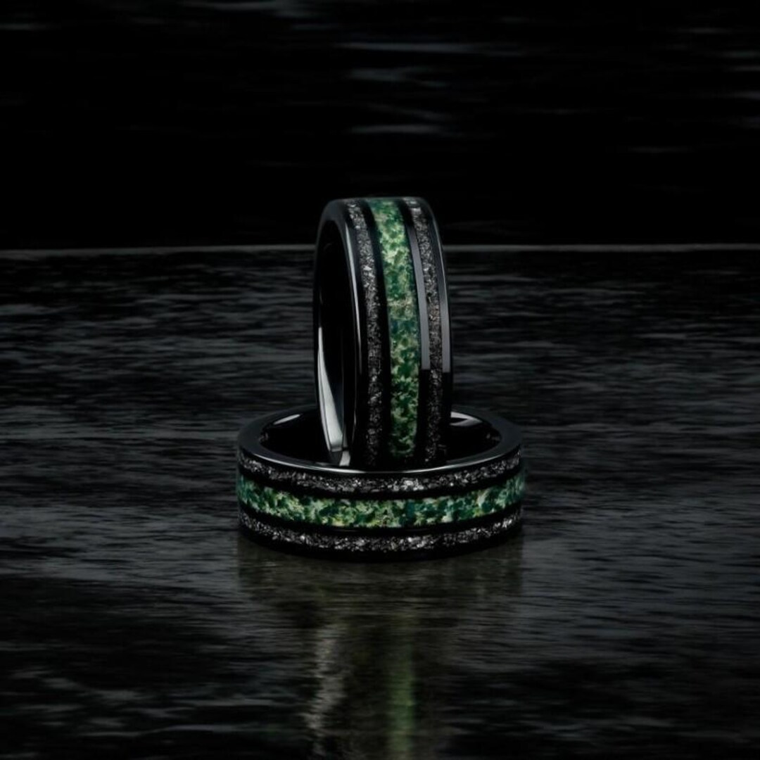 Moss Agate & Meteorite Inlay 8mm Black Elegant Tungsten Carbide Wedding ...