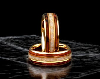 Whiskey Barrel Wood Ring, White Fire Opal, Yellow Gold Tungsten 8mm Wedding Band