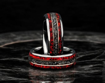 Meteorite & Red Opal Inlay 8MM Elegant Tungsten Carbide Wedding Ring