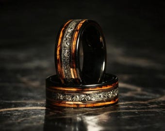 Charred Whiskey Barrel Ring with Meteorite Inlay Tungsten carbide wedding ring For Men & Women