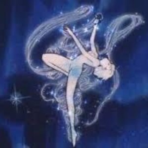 May include: An illustration of a graceful figure with flowing, ethereal lines against a dark blue background. The figure is depicted in a dynamic pose, with arms raised and flowing hair, surrounded by swirling, light-colored energy.
