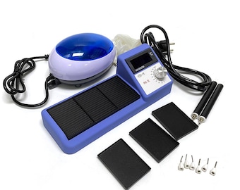 May include: A blue and black soldering station kit with a digital display, temperature dial, and multiple accessories. Includes a blue and white air pump, three black pads, and two black soldering pens.