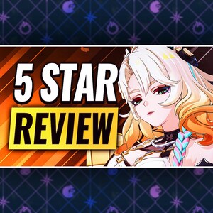 Puede incluir: Gráfico digital con las palabras "5 STAR REVIEW" en blanco sobre un fondo amarillo. Un personaje de dibujos animados con cabello rubio y ojos rojos está a la derecha. El fondo es azul oscuro con patrones de estrellas y lunas.